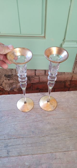 2 Stare świeczniki szkło złocone