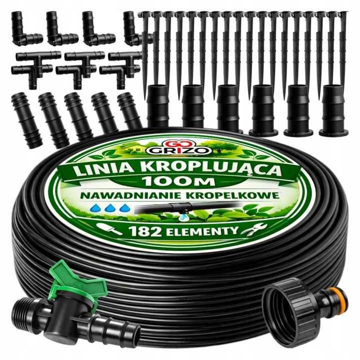 Linia kroplujaca fi 16 zestaw 100m + 182el nawadnianie kropelkowe wąż kropelkujący
