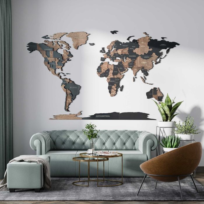 Mapa Świata 3D 260x160cm, czarny, palisander