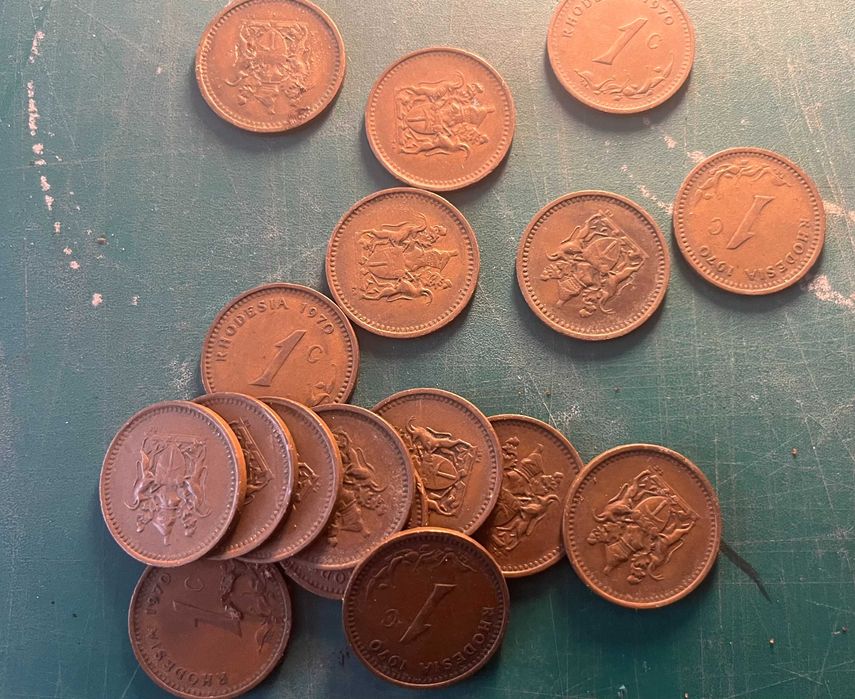Moedas bronze, Rodesia - 1 cent de 1970 a 1977 lote de 20 unidades