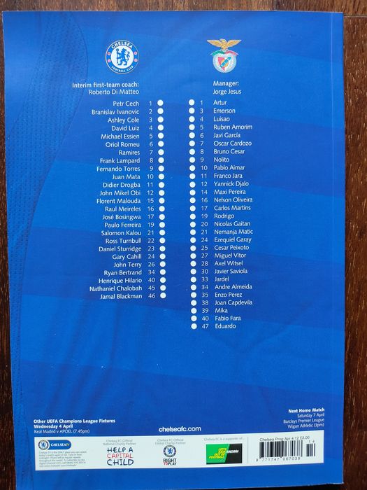 Programa de jogo Chelsea Benfica 2011/12 Champions league