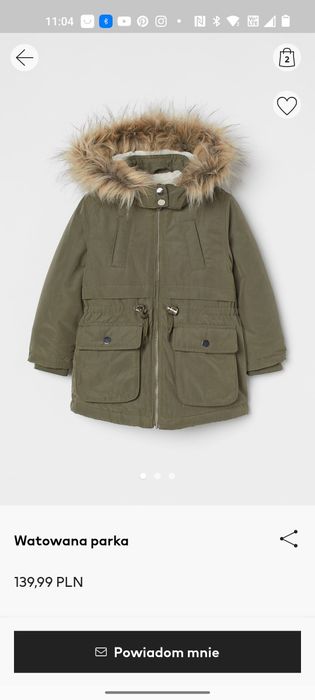 HM watowana parka, rozmiar 98, zieleń khaki, na futerku