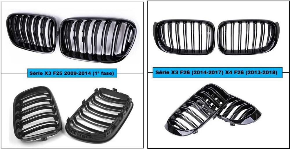 Grelhas frontais preto brilho dupla barra BMW série X3 F25 Pré LCI (1ª fase) e LCI (2ª fase) e série X4 F26