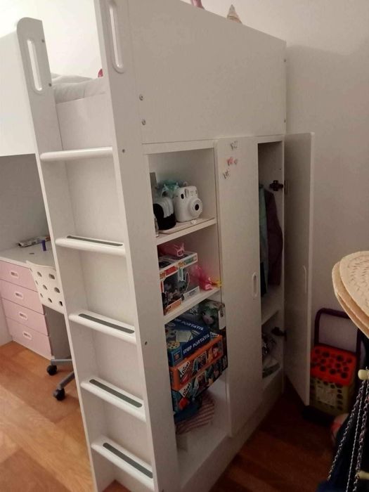 Smastad cama alta 90x200 rosa/branco