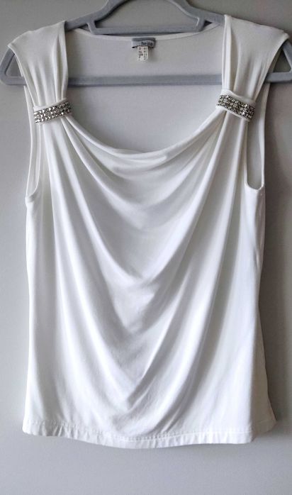 elegancka biała bluzka z diamencikami, lejący dekolt Heine r. 40