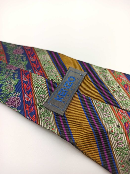 Ken brązowy niebieski jedwabny krawat w paski kwiaty mpi113