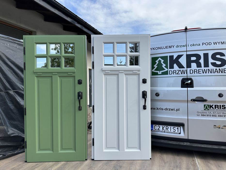 Drzwi zewnętrzne drewniane zielone klamka schlage Cała Polska