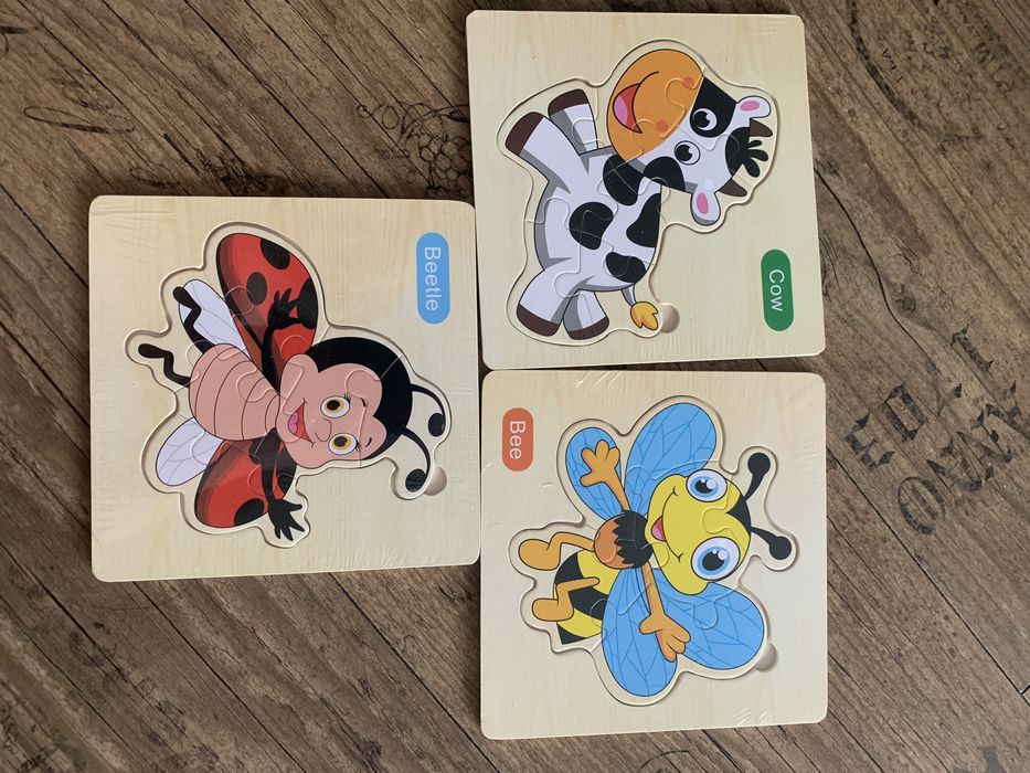 Nowe zafoliowane drewniane puzzle układanka 3 sztuki