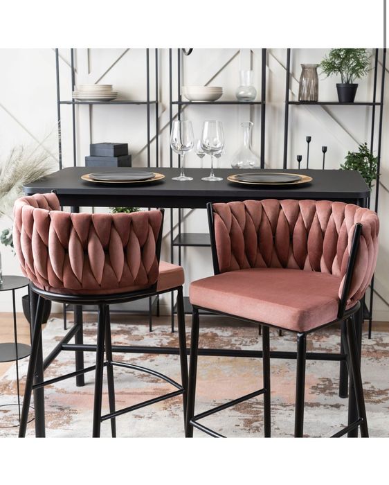 Hoker Loft Różowy Welurowy Barowy Z Oparciem