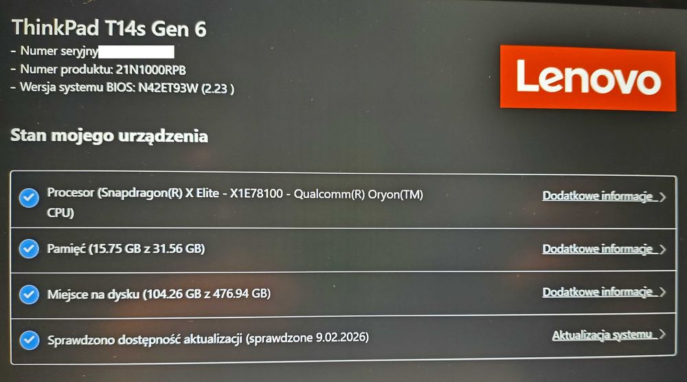 Lenovo ThinkPad T14s Gen 6 14" IPS Snapdragon 32/512 4 cykle ładowania