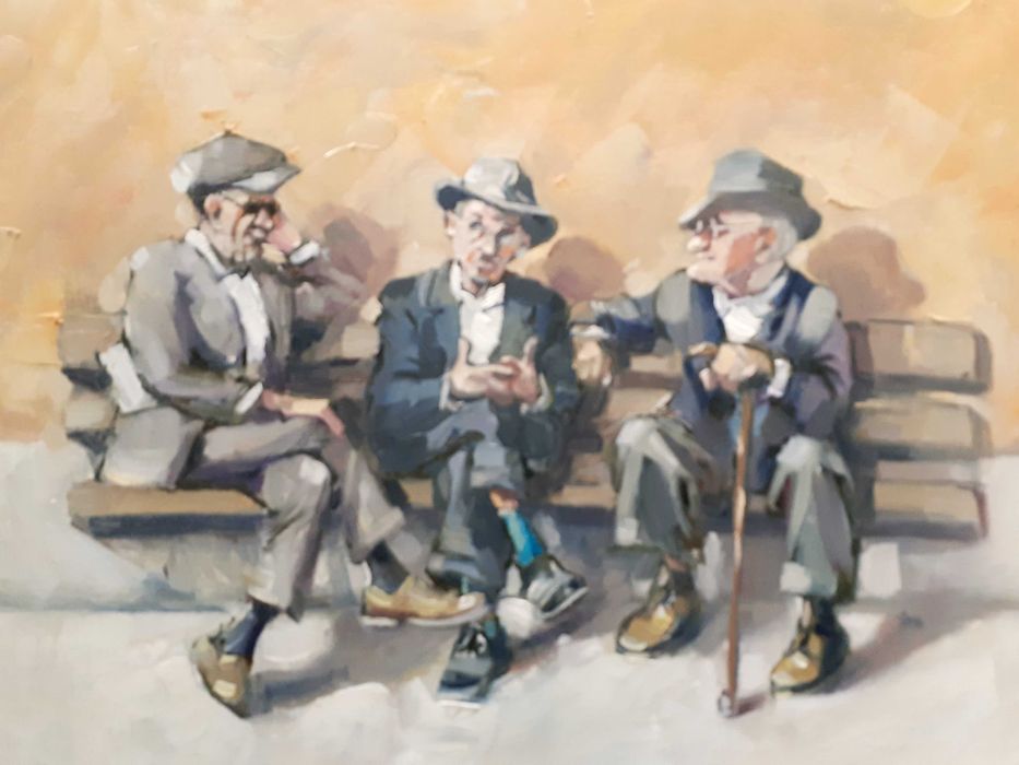 Na ławce. Obraz olejny na płótnie. 40 X 50 cm  G.Rodziewicz
