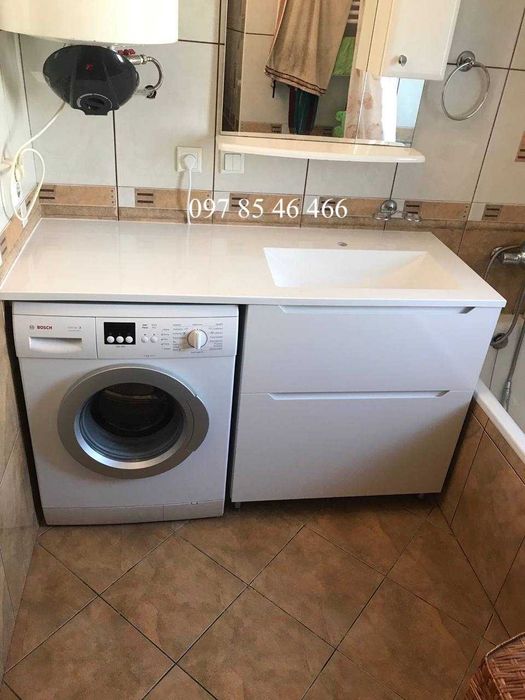 Умивальник суцільний і стільниця над пральною машиною + тумба дзеркало