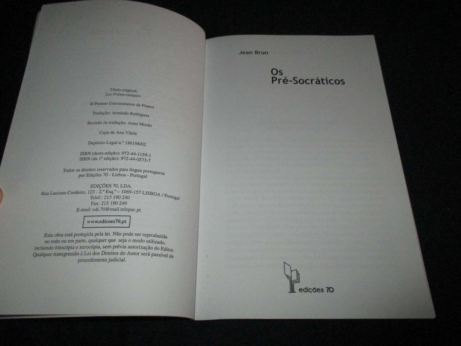 Livro Os Pré-Socráticos Jean Brun Edições 70