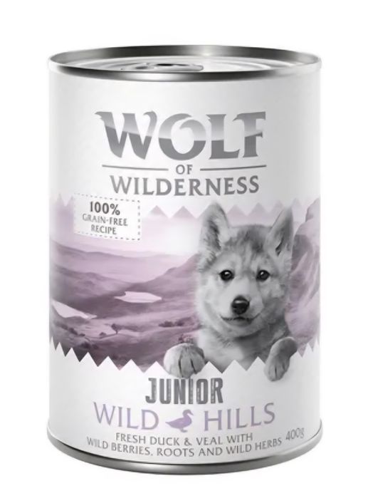 24x400g Wolf of Wilderness Junior Cielęcina/Kaczka bez ZBÓŻ dla psa Wy