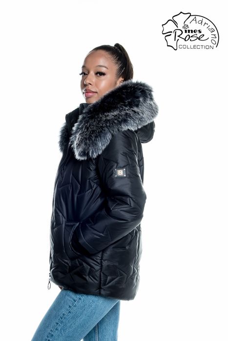 Kurtka damska z futerkiem zimowa ciepła czarna 50