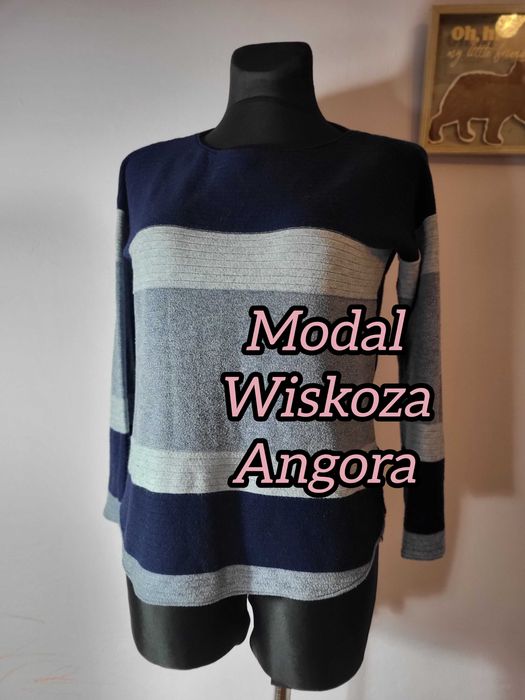 Damski sweter w szerokie niebieskie pasy M 38 modal angora wiskoza