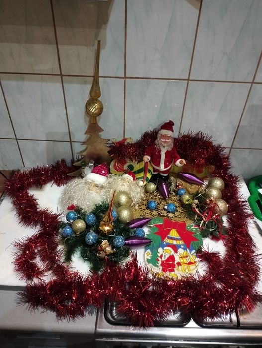 Duży zestaw choinkowy vintage PRL Mikołaj z pozytywką i ozdoby