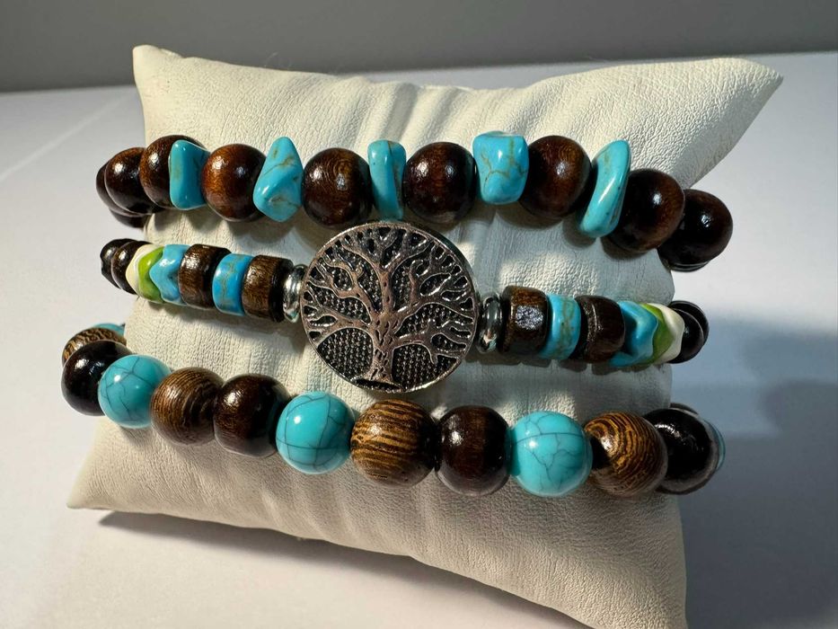 Trzy drewniane bransoletki drzewo życia boho (b6)