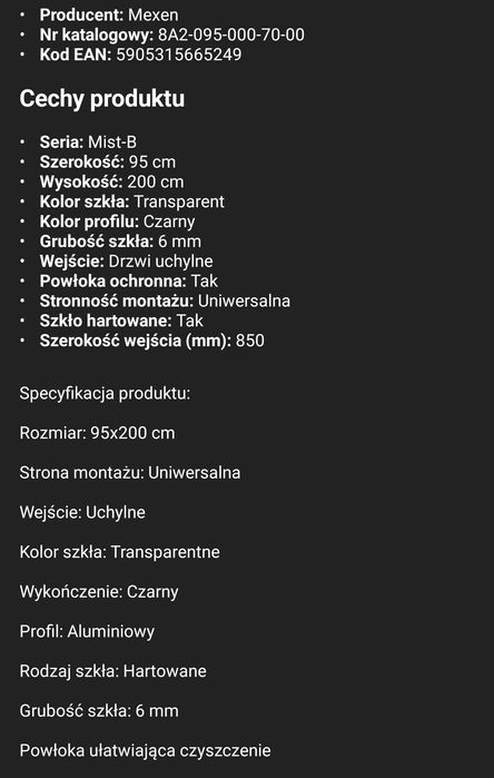 Drzwi prysznicowe 95x200 Mexen