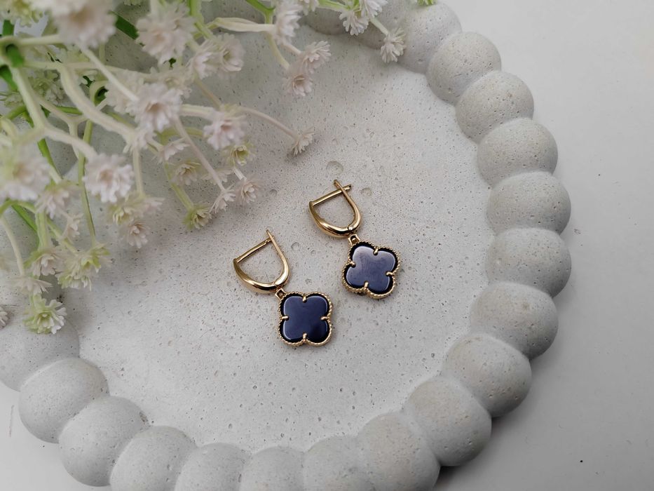 NOWE Złote Kolczyki Koniczyna Granatowa / Złoto 585