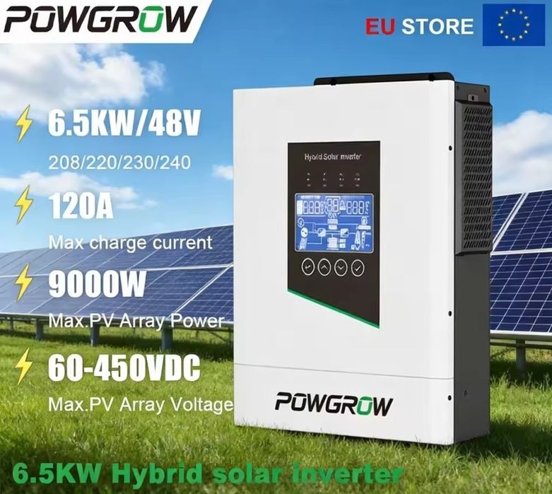Гібридний сонячний інвертор POWGROW 6.5KW 48V ( та 5 КW 24v ) 120A MPPT 220VAC вхід PV 450VDC подвійний вихід вбудований Wi-Fi вбудований BMS 
Poland