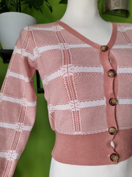 Krótki kardigan sweter kratka krata retro preppy wiskoza S 36