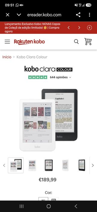 Rakuten Kobo Kindle E-book Ereader Clara  Colour Preto