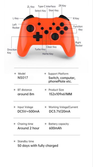 Геймпад джойстик беспроводной Gaminja NS017 Bluetooth с аккумулятором