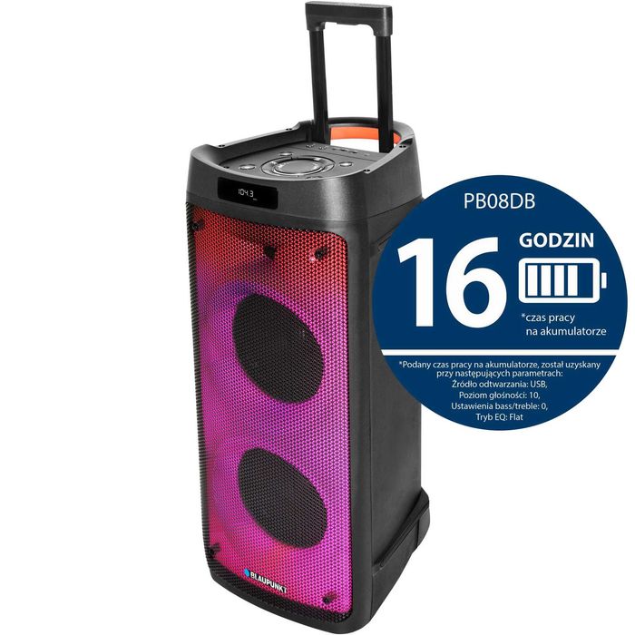Okazja! Nowy głośnik Power Audio BLAUPUNKT PB08DB, 700W, Bluetooth, Bateria 16 godzin, Dwa bezprzewodowe mikrofony w zestawie, Tuner FM