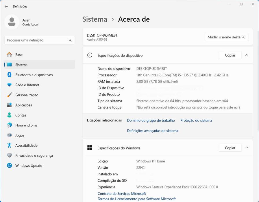 Acer Aspire 3 - i5 Gen11, 8GB Ram, 240GB SSD, Win11