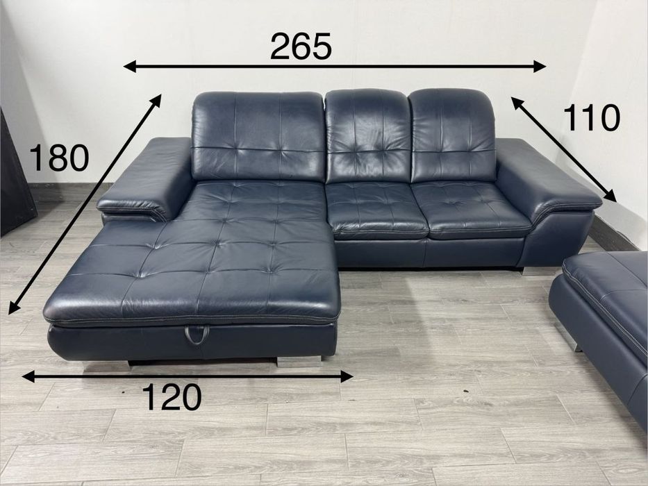 Шкіряний кутовий темно-синій диван 265*180 з великим пуфом. Як новий. Німеччина
