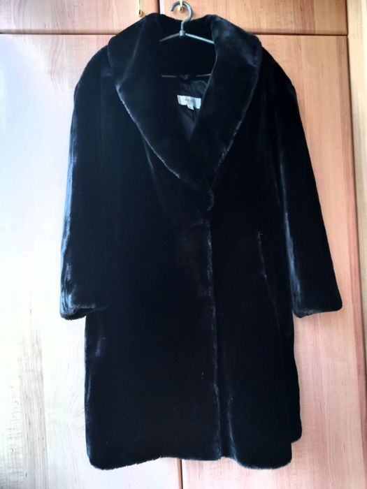 Нова чорна двобортна довга оверсайз шуба Next з екохутра, L-XL