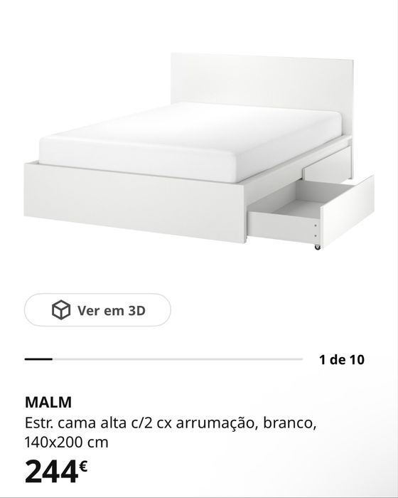 Cama Malm IKEA Branca Estrutura Estrado Cabeceira Gavetas Colchão 140x200
