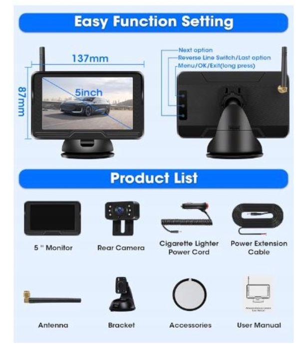 Bezprzewodowa Kamera Cofania AHD 1080p + Monitor 5" HD