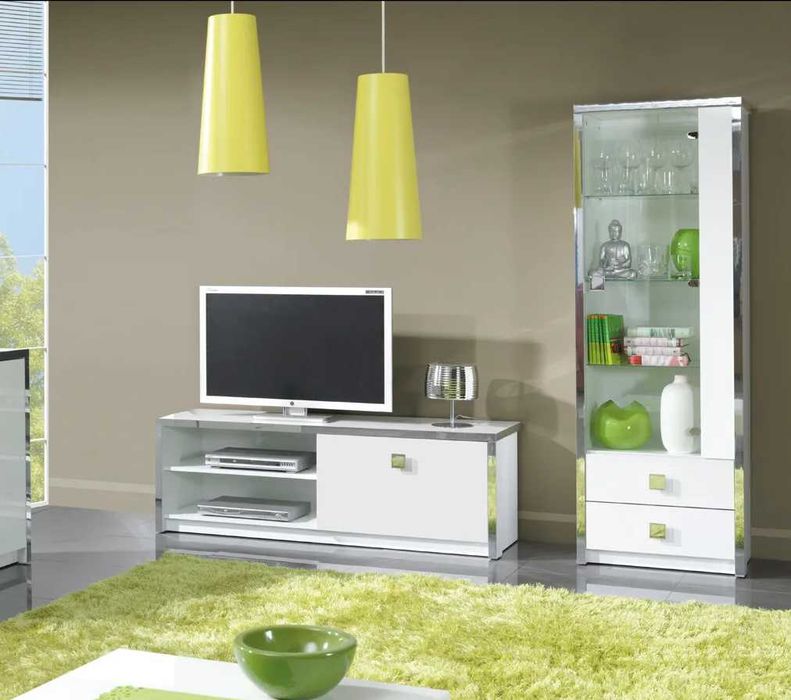 Biały połysk + Chrom Nowa witryna + szafka pod telewizor