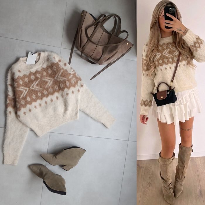 Zara sweter kremowy print s 36 boho