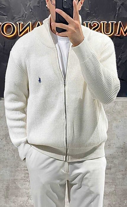 Чоловічий в’язаний кардиган Polo Ralph Lauren / Поло Ральф Лорен на блискавці, білий, S–XL