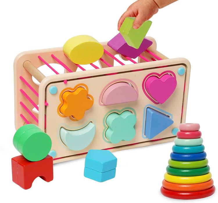 Montessori Drewniana zabawka do sortowania kształtów, układania A5