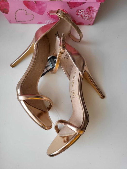 Złote sandały na obcasie szpilki 40/41 na wesele imprezę Primark