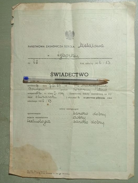 Świadectwo szkolne.Lębork, Krasnystaw