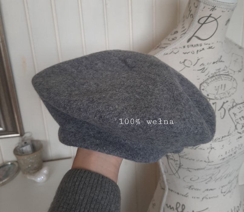 szary wełniany beret 100% wełna