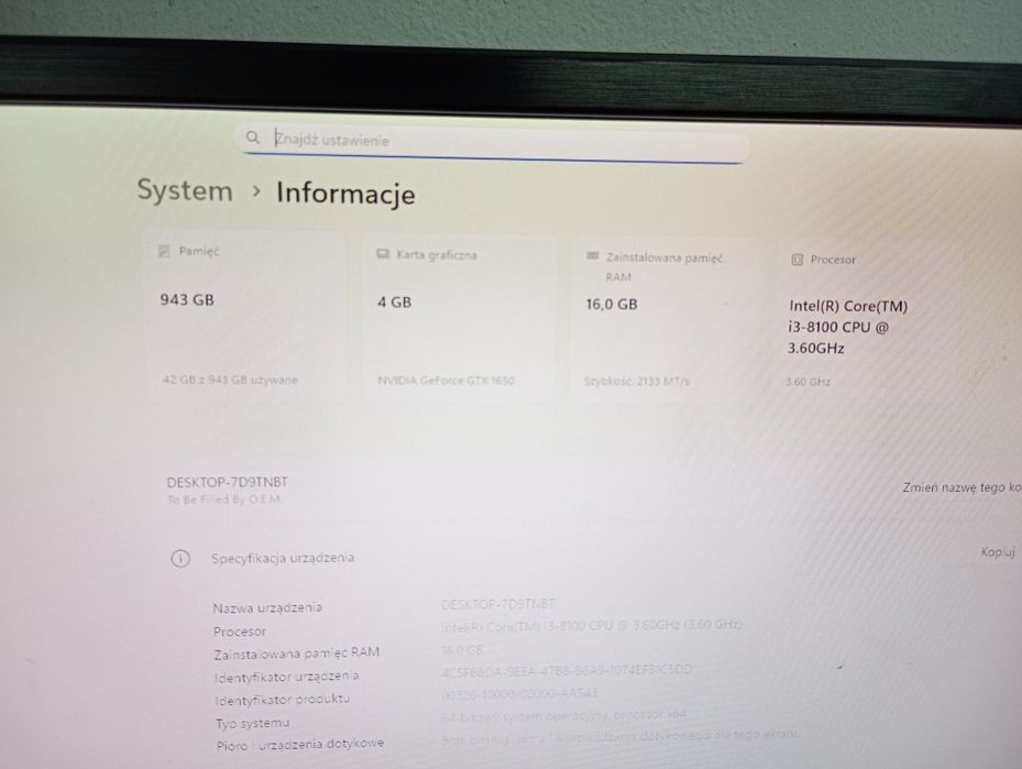 Komputer GTX 1650, 16GB, 512SSD, 500HDD, i3-8100