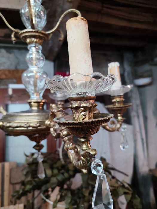 Lustre / Candeeiro de Teto Antigo em Bronze Pesado e Cristal – 5 Braços