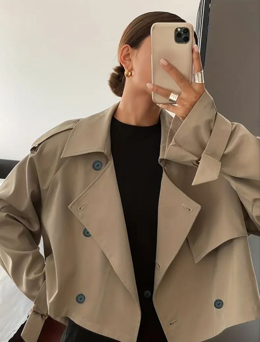 Вкорочений бежевий тренч тренчкот плащ укорочений тренч на підкладці