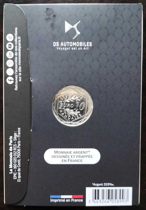 Moeda 10€ 2025 França Prata 70 Anos Citroen DS Estado Nova