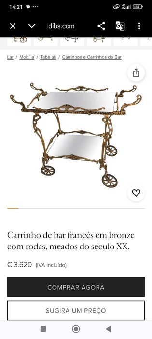 Carrinho Chá Teawagon Bronze Anos 30 Lisboa Portugal 61 cm