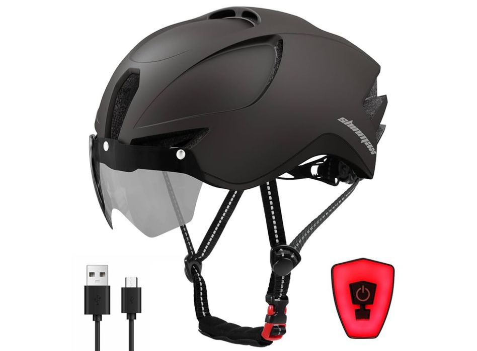 Kask rowerowy Shinmax HT-29 z lampką USB i wizjerem