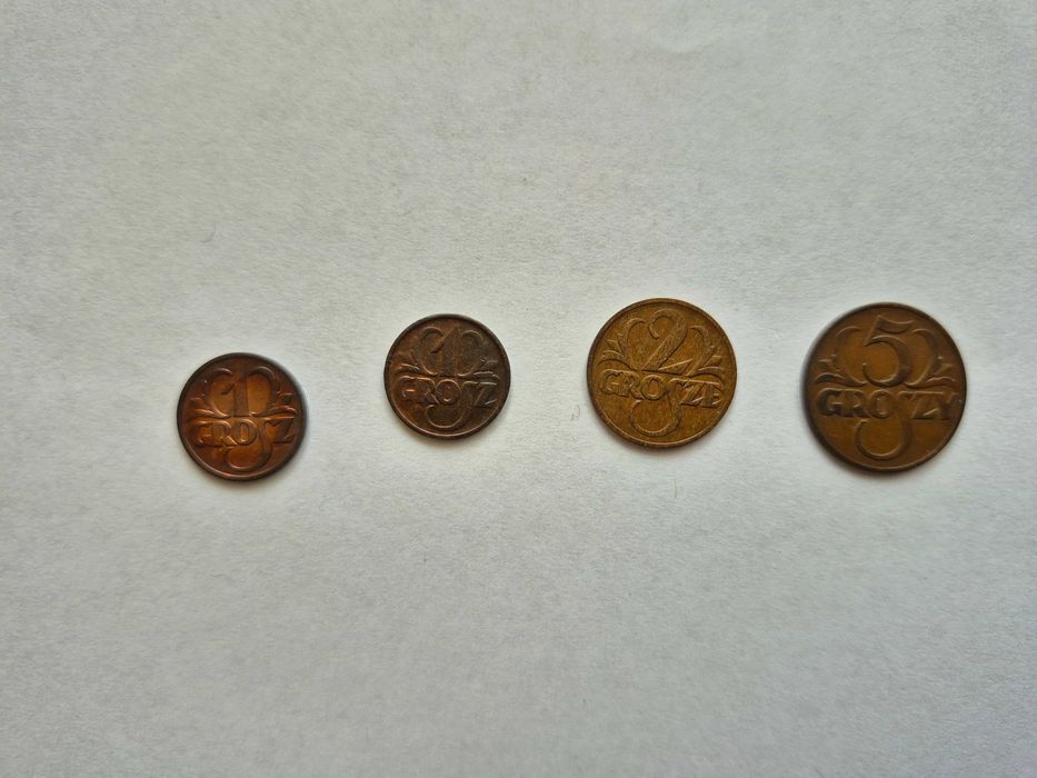 Zestaw, set 1, 2, 5 gr. II RP 1936 do 1939, 4 szt. stan II