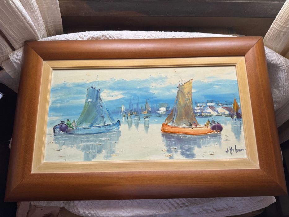 Pintura original de barcos à vela, assinada, com moldura de madeira – 81 × 51 cm