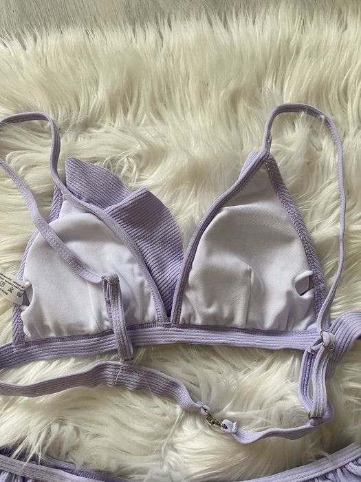 Nowy liliowy strój kąpielowy S M bikini prążkowane